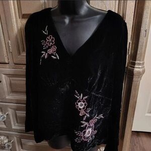 Carole Little black velvet like blouse with pink and purple floral embroidery